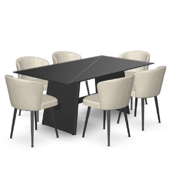 7-Piece Dining Set w/Matte Black Glass Table Top(Tayra) and Parchment/Black Coral (Benson) Chairs by Amisco