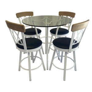 5-Piece Dining Set w/ Round Clear Glass Table Top (Lotus) and Navy/Wood/Pure White (Brittany) Barstools by Amisco