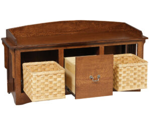 Mission Slat Bench With Baskets And Drawers by Genuine Oak Designs