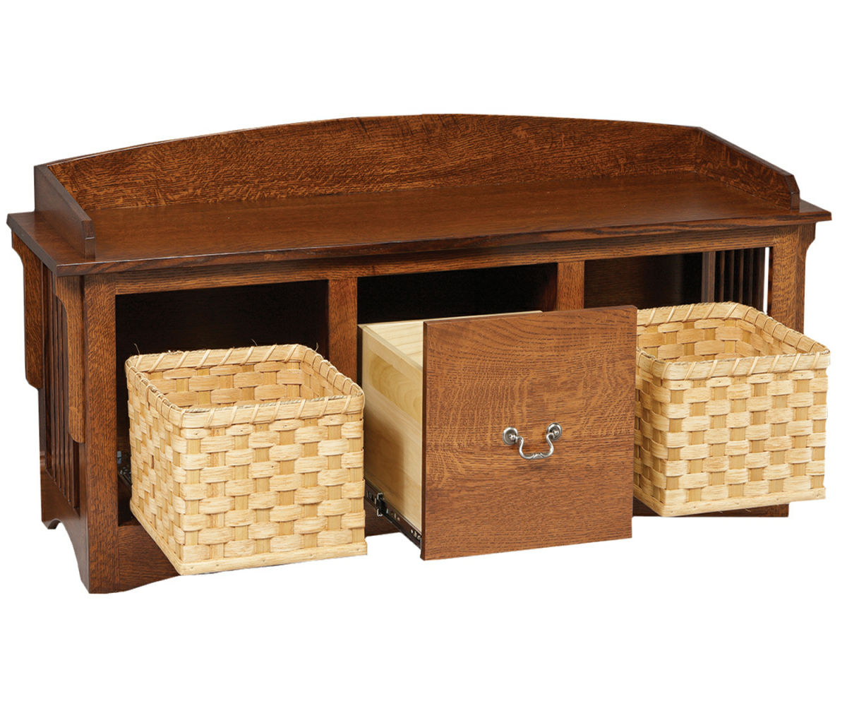 Mission Slat Bench With Baskets And Drawers by Genuine Oak Designs
